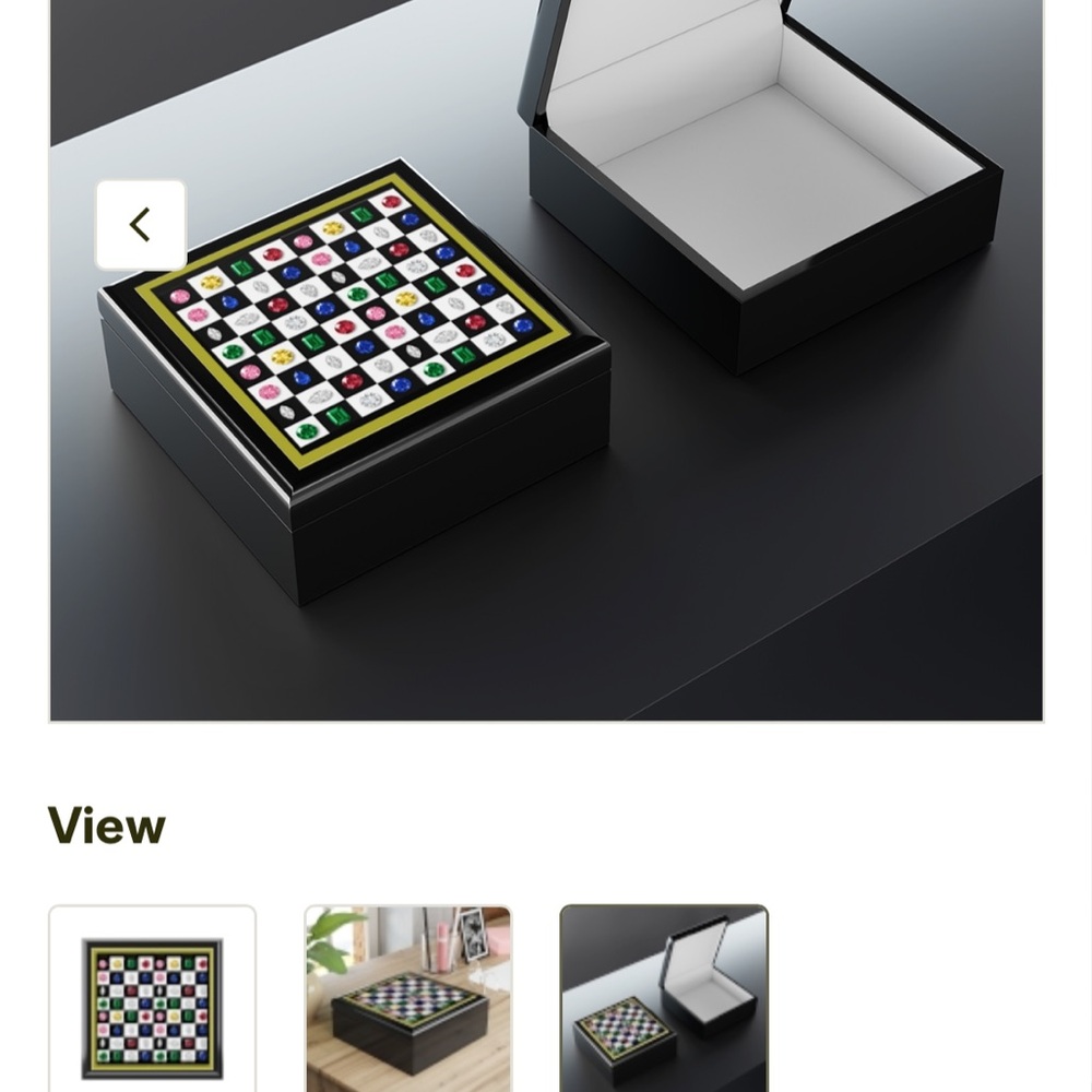 Jewelry Box Featuring a ceramic painted center of jewels atop a chessboard